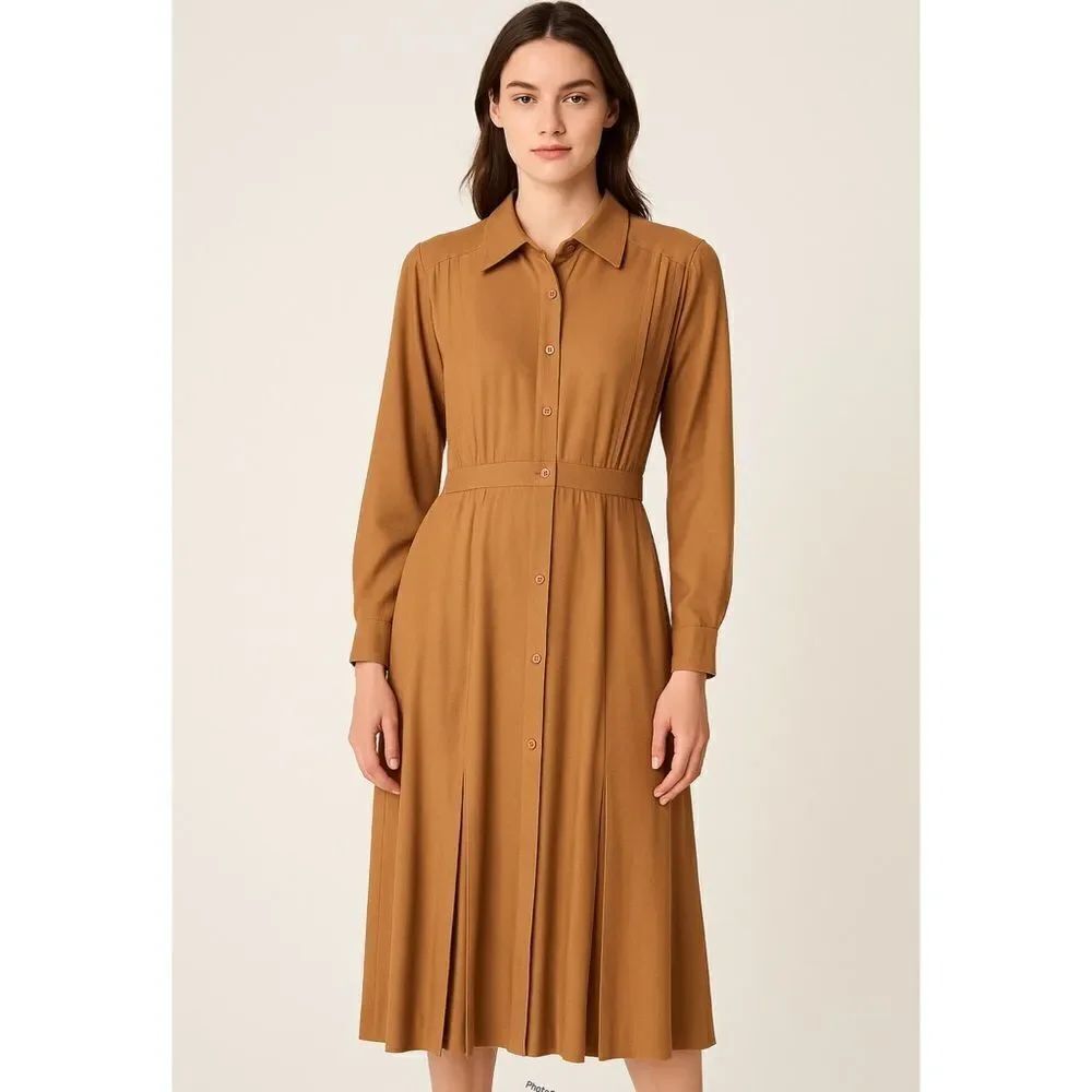 Charter Club Camel Brown Vintage MIDI Wool Blend ShirtDress Dress